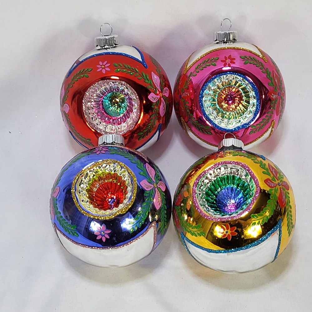 Christopher Radko Shiny Brite Glass Ornaments Set 4 Double Indent Reflector MCM